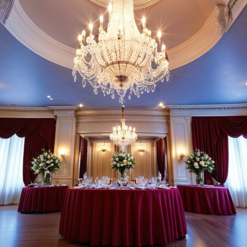 Elegant Ballroom for Events: A grand hotel ballroom with crystal chandeliers, polished hardwood floors, and round tables elegantly arranged for a formal event. The room has ornate wall moldings, floral centerpieces, and a stage area, ideal for weddings, galas, or corporate functions.