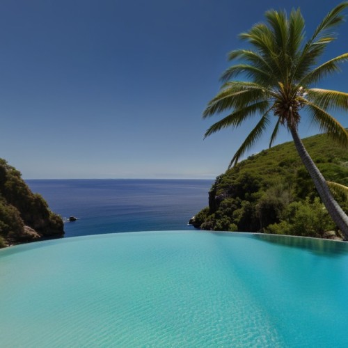 Resort Infinity Pool Overlooking the Ocean: A breathtaking infinity pool at a tropical resort, blending seamlessly with the horizon. Sun loungers and palm trees surround the pool, with the turquoise ocean and blue sky providing a picturesque backdrop.