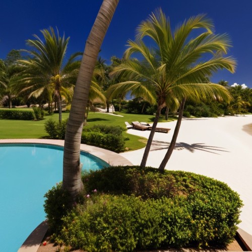 Resort Infinity Pool Overlooking the Ocean: A breathtaking infinity pool at a tropical resort, blending seamlessly with the horizon. Sun loungers and palm trees surround the pool, with the turquoise ocean and blue sky providing a picturesque backdrop.