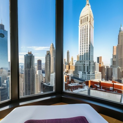 Cozy Boutique Hotel Room with City View: A stylish, intimate hotel room featuring a comfortable queen bed, modern furnishings, and floor-to-ceiling windows offering a view of the city skyline. The room is decorated with local artwork and has a cozy reading nook by the window.