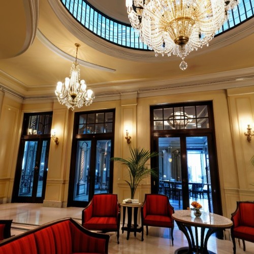 Luxury Hotel Lobby: A grand hotel lobby with a high ceiling, marble floors, and an elegant chandelier hanging above. Plush seating areas with stylish sofas and armchairs are arranged around glass coffee tables, creating a welcoming ambiance for guests.