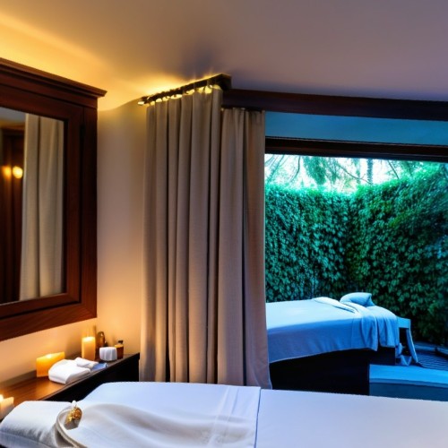 Elegant Hotel Spa Room: A serene spa treatment room with dim lighting, fresh towels, and a massage bed draped with soft linens. The room has a calming ambiance, with candles, essential oils, and a view of a private garden through a large window.