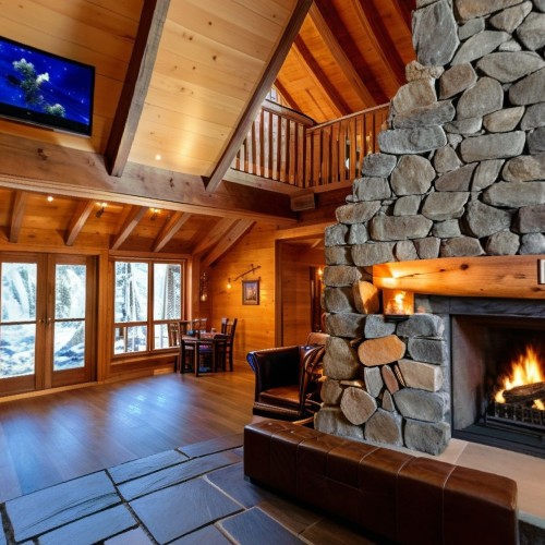 Mountain Lodge Lobby with Stone Fireplace: A warm, rustic hotel lobby in a mountain lodge with a massive stone fireplace as the centerpiece. The lobby is furnished with leather sofas, wooden beams, and cozy rugs, creating a relaxing retreat for guests after a day of hiking or skiing.