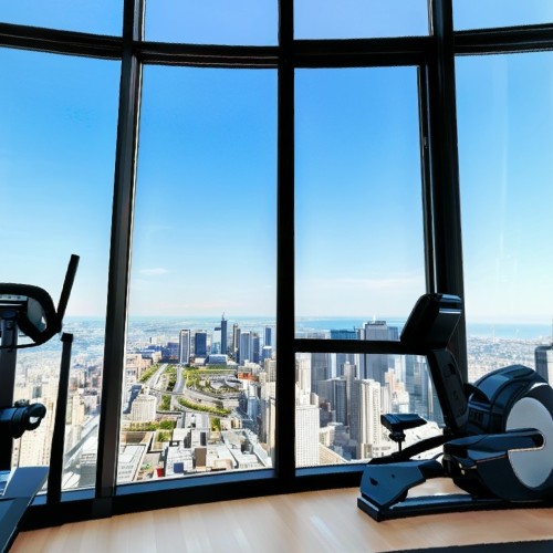 Modern Fitness Center with City View: A state-of-the-art hotel gym equipped with cardio machines, free weights, and a stretching area. Floor-to-ceiling windows offer a sweeping view of the cityscape, providing guests with a motivating setting for their workout.