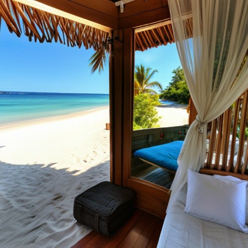 Romantic Beachfront Bungalow: A private bungalow on the beach with a thatched roof and a spacious wooden deck. The bungalow has large windows and doors that open to the ocean, with cozy lounge chairs and hammocks for guests to enjoy the seaside breeze and view.