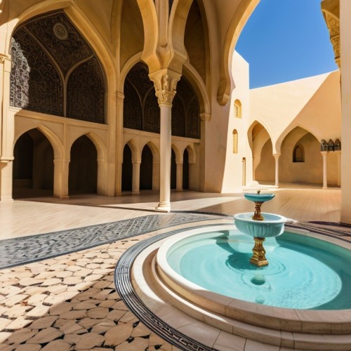 Traditional Arabic Courtyard with Mosaic Tiles: An open-air courtyard surrounded by arches, with intricately patterned mosaic tiles covering the floor and walls. The architecture includes decorative lattice windows and fountains, creating an elegant, serene atmosphere typical of traditional Arabic design.
