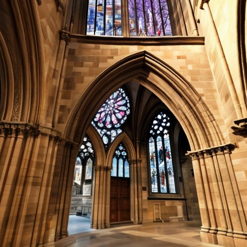 Gothic Cathedral with Stained Glass Windows: A towering Gothic cathedral with intricate stone carvings and massive stained glass windows. The architecture features pointed arches, flying buttresses, and gargoyles, giving it a majestic, historical appearance.