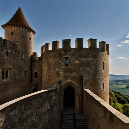 Medieval Castle with Stone Walls: A fortified medieval castle with thick stone walls, towering turrets, and arched windows. The castle sits atop a hill with a dramatic view of the countryside, evoking a sense of history and nobility.