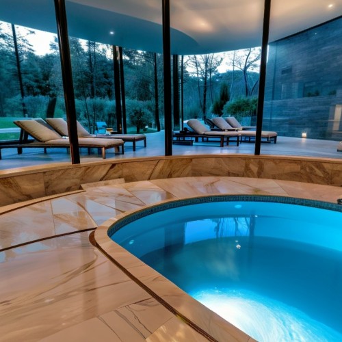 An indoor swimming pool in a luxury home, surrounded by marble floors, ambient lighting, and tall glass walls opening out to a private courtyard.