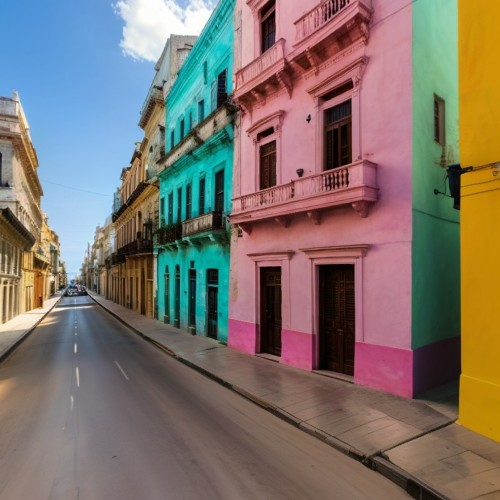 Colorful Colonial-Style Buildings in Havana, Cuba: A row of vibrant colonial-style buildings in Havana, each painted in a different bright color, from pastel pinks to bold yellows and blues. The buildings have large windows, decorative balconies, and are shaded by palm trees.
