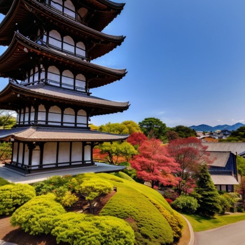 Traditional Japanese Pagoda: A multi-tiered pagoda with intricate wooden details and sloping roofs, surrounded by lush gardens and cherry blossom trees. The traditional architecture, with its elegant curved rooflines, stands harmoniously within a natural landscape.
