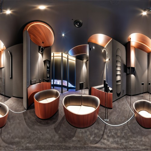 A minimalist home theater with built-in seating, dark acoustic wall panels, and a ceiling with soft recessed lighting for a cinematic experience.