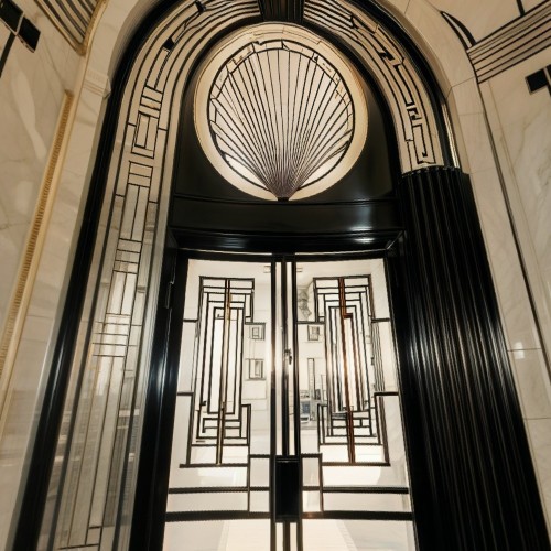 Art Deco Building with Geometric Details: A classic Art Deco building with symmetrical lines, geometric patterns, and a distinct stepped facade. The building features a combination of sleek metal, polished stone, and bold decorative elements that exude 1920s glamour.