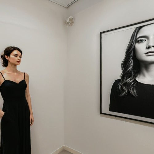 Photography Exhibition with Black and White Portraits: A gallery space showcasing black-and-white portraits of various individuals from different backgrounds. The portraits are displayed in large frames on the walls, and the room has a minimalist design that highlights the emotional expressions captured in each photograph.