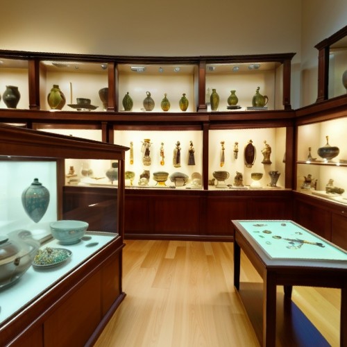 Historic Museum with Ancient Artifacts: A museum hall with dim lighting and glass display cases housing ancient artifacts, such as pottery, jewelry, and sculptures. The exhibits are carefully labeled, and the room has a quiet, reverent atmosphere.