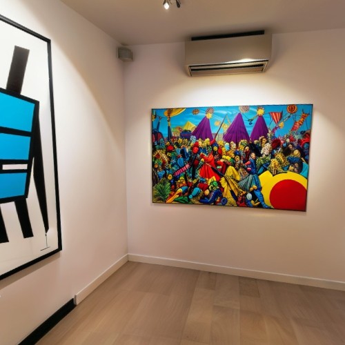Pop Art Exhibit with Bright Colors and Bold Prints: A vibrant pop art exhibition featuring large, colorful prints inspired by comic book style and advertisements. The gallery walls are decorated with neon colors, and the artworks showcase iconic imagery, creating a playful and energetic environment.