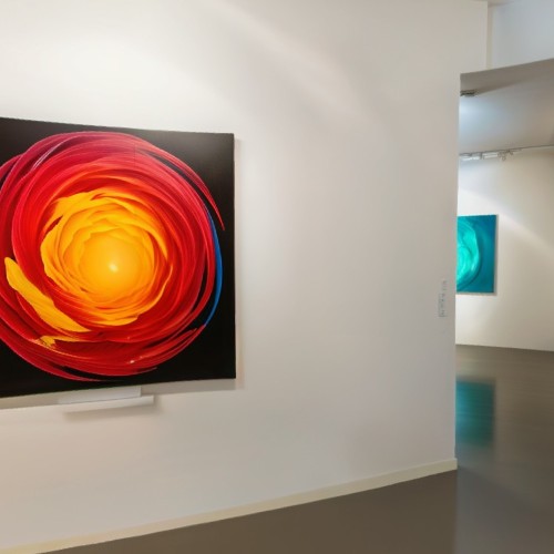 Contemporary Art Gallery with Abstract Paintings: A bright, spacious gallery with white walls displaying large abstract paintings. Each artwork uses bold colors and sweeping brushstrokes, creating a dynamic and modern atmosphere in the exhibition space.