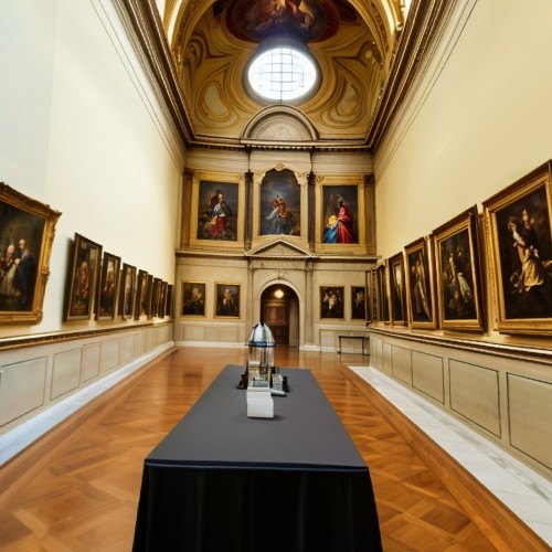Historical Art Gallery with Renaissance Paintings: A grand gallery with ornate moldings and high ceilings, showcasing Renaissance-era paintings in gilded frames. The room has a classic, timeless feel, with each painting depicting detailed scenes from history and mythology, inviting visitors to admire the artistry and craftsmanship.