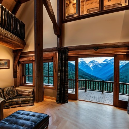 Mountain Lodge Living Room: A rustic, cozy living room in a mountain lodge with a high vaulted ceiling, exposed wooden beams, and a stone fireplace. Large windows provide a stunning view of the surrounding forest and mountains, while plush sofas and warm lighting add to the comfortable ambiance.