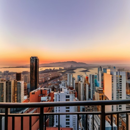 Urban Apartment Balcony View: A high-rise apartment balcony offering a panoramic view of a bustling city skyline at sunset. The balcony features a small table and two chairs, perfect for enjoying the vibrant cityscape and warm evening light.