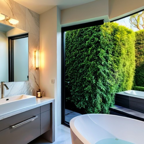 Modern Bathroom with Freestanding Tub: A spa-like bathroom with a freestanding bathtub positioned near a large window that overlooks a private garden. The bathroom features marble tile, sleek fixtures, and a double vanity, creating a luxurious and relaxing atmosphere.