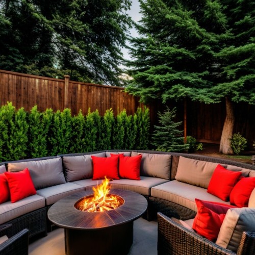 Cozy Suburban Backyard Patio: A cozy backyard with a well-maintained lawn, surrounded by lush greenery. The patio area includes a comfortable seating arrangement with outdoor furniture, a small fire pit, and string lights hanging above, perfect for evening gatherings and relaxation.