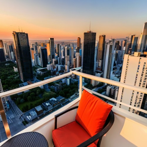 Urban Apartment Balcony View: A high-rise apartment balcony offering a panoramic view of a bustling city skyline at sunset. The balcony features a small table and two chairs, perfect for enjoying the vibrant cityscape and warm evening light.