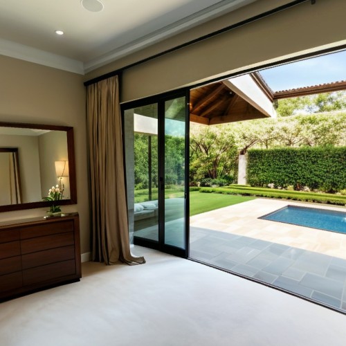 Elegant Master Bedroom with Garden View: A spacious master bedroom with large sliding doors that open up to a private garden. The room is decorated in soft, neutral tones, with a king-sized bed, a reading nook, and plush carpeting, making it a serene retreat.