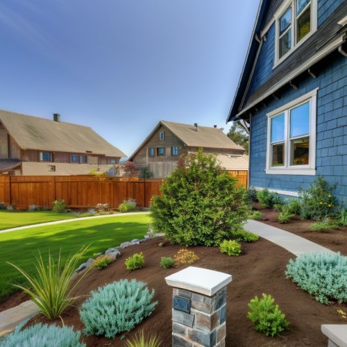 Charming Craftsman-Style Home Exterior: The front view of a classic Craftsman-style home with a covered front porch, wooden pillars, and stone accents. The house is painted a soft blue, with white trim and a beautifully landscaped front yard, exuding curb appeal and timeless charm.