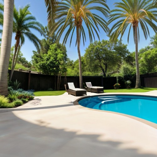 Spacious Backyard with Pool and Lounge Area: A beautiful backyard featuring a large swimming pool, surrounded by a patio area with comfortable lounge chairs, an outdoor dining set, and a well-kept lawn. Palm trees and flowering plants add a tropical feel to the outdoor space, ideal for entertaining and relaxation.