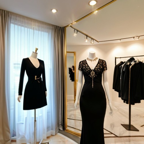 Fashion Boutique Showroom with Designer Clothing: A chic showroom displaying designer clothing on mannequins and clothing racks. The space has an elegant aesthetic, with marble flooring, large mirrors, and soft lighting that enhances the colors and textures of the garments.