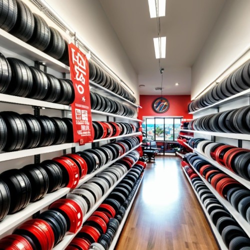 Automotive Parts Showroom with Accessories on Display: An automotive parts showroom featuring various car accessories, including rims, tires, and spoilers. Each part is displayed on shelves or mounted on walls, with informational tags and spotlights emphasizing the quality and craftsmanship of each item.