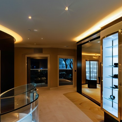 Luxury Watch Showroom with Display Cases: A high-end watch showroom featuring glass display cases with luxury timepieces. Each watch is carefully displayed on velvet stands under soft lighting, and the room has a refined atmosphere, with minimalist decor and plush seating for customers.