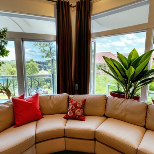 Home Furniture Showroom with Living Room Setups: A spacious furniture showroom showcasing various living room setups, including sofas, coffee tables, and rugs. Each section is designed to resemble a cozy, inviting living space, with natural light filtering through large windows and potted plants adding warmth.