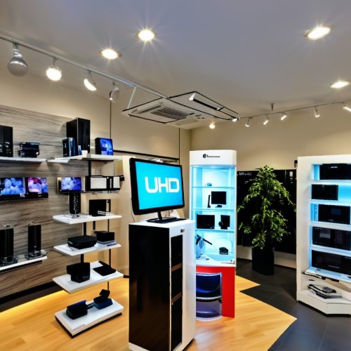 Electronics Showroom with Gadgets and Appliances: A bright electronics showroom filled with the latest gadgets and home appliances. There are demo stations for items like smartphones, laptops, and TVs, allowing customers to try out products. Sleek shelves and digital displays provide information on each device.