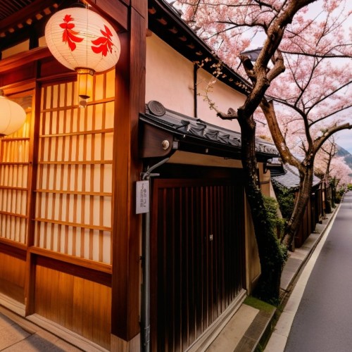 Historical Street in Kyoto, Japan: A traditional Japanese street lined with wooden houses, paper lanterns, and blooming cherry blossoms. Tourists stroll down the narrow path, some dressed in kimonos, adding to the charm and historical ambiance of the area.