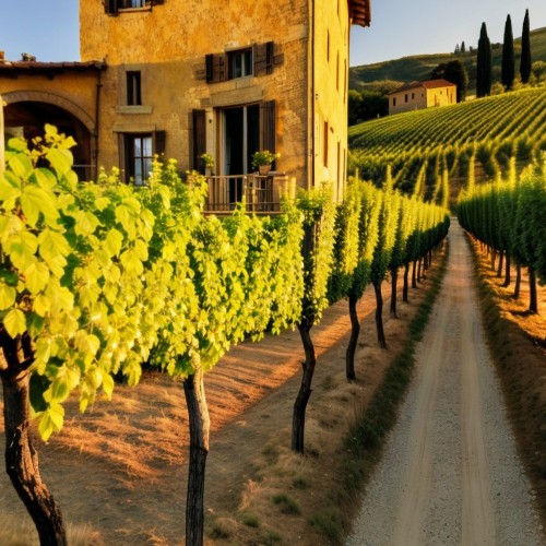 Peaceful Vineyard in Tuscany, Italy: A sprawling vineyard in the Tuscan countryside with rows of lush grapevines stretching over gentle rolling hills. The scene is bathed in golden sunlight, with a rustic farmhouse visible in the background.