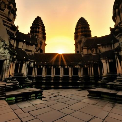 Ancient Temples in Angkor Wat, Cambodia: The iconic stone temples of Angkor Wat at sunrise, with intricate carvings and towering spires. The surrounding jungle and reflection in a nearby pond add to the mystical and awe-inspiring atmosphere of this ancient site.