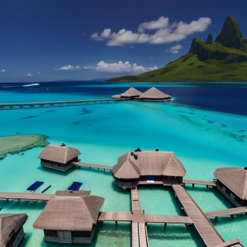 Crystal Clear Waters of Bora Bora: A pristine lagoon in Bora Bora, French Polynesia, with turquoise waters so clear that the white sand and coral reefs below are visible. Overwater bungalows line the shore, with a view of lush, green volcanic peaks in the background.