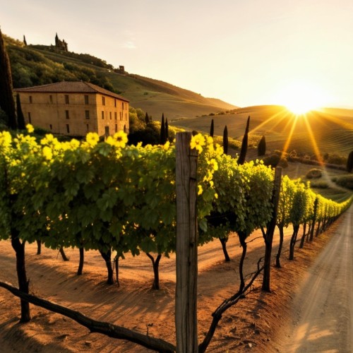 Peaceful Vineyard in Tuscany, Italy: A sprawling vineyard in the Tuscan countryside with rows of lush grapevines stretching over gentle rolling hills. The scene is bathed in golden sunlight, with a rustic farmhouse visible in the background.