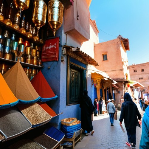 Bustling Market Street in Marrakech: A vibrant street market in Marrakech, Morocco, filled with colorful stalls selling spices, rugs, and handmade crafts. The atmosphere is lively with tourists and locals exploring the narrow lanes, under decorative lanterns hanging above.