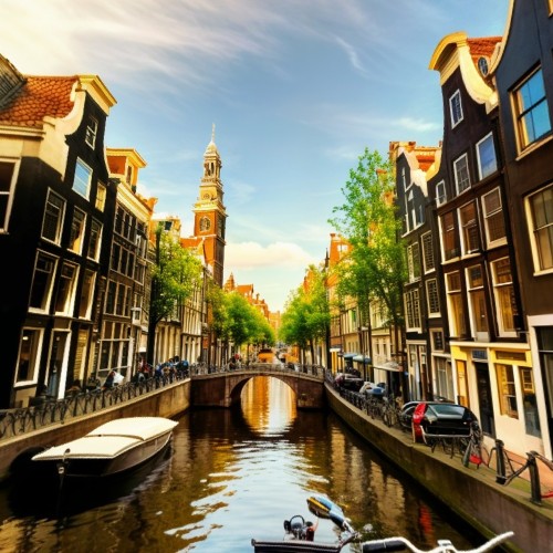Charming Canal in Amsterdam, Netherlands: A peaceful canal lined with narrow, colorful houses and arched bridges in Amsterdam. Tourists ride bicycles along the cobblestone path beside the canal, with boats gently floating on the water.