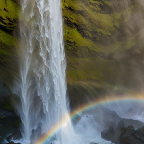 Majestic Waterfall in Iceland: A powerful waterfall cascading over rugged cliffs in Iceland, surrounded by lush green moss and rocky terrain. Mist rises from the water, with a rainbow forming in the sunlight, creating a stunning natural wonder.