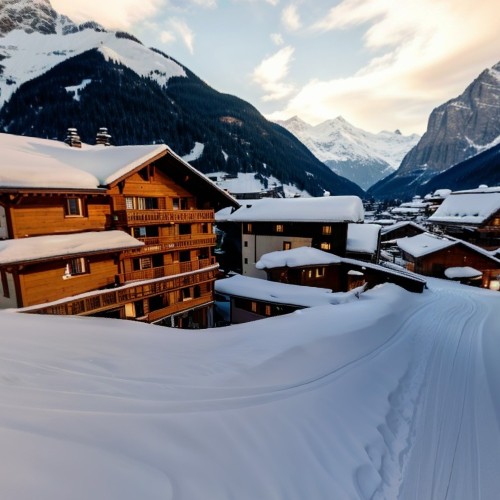 Snow-Capped Mountains in the Swiss Alps: A picturesque village nestled in the Swiss Alps, surrounded by towering, snow-capped mountains. Cozy wooden chalets with smoke rising from chimneys dot the landscape, creating a serene winter wonderland.