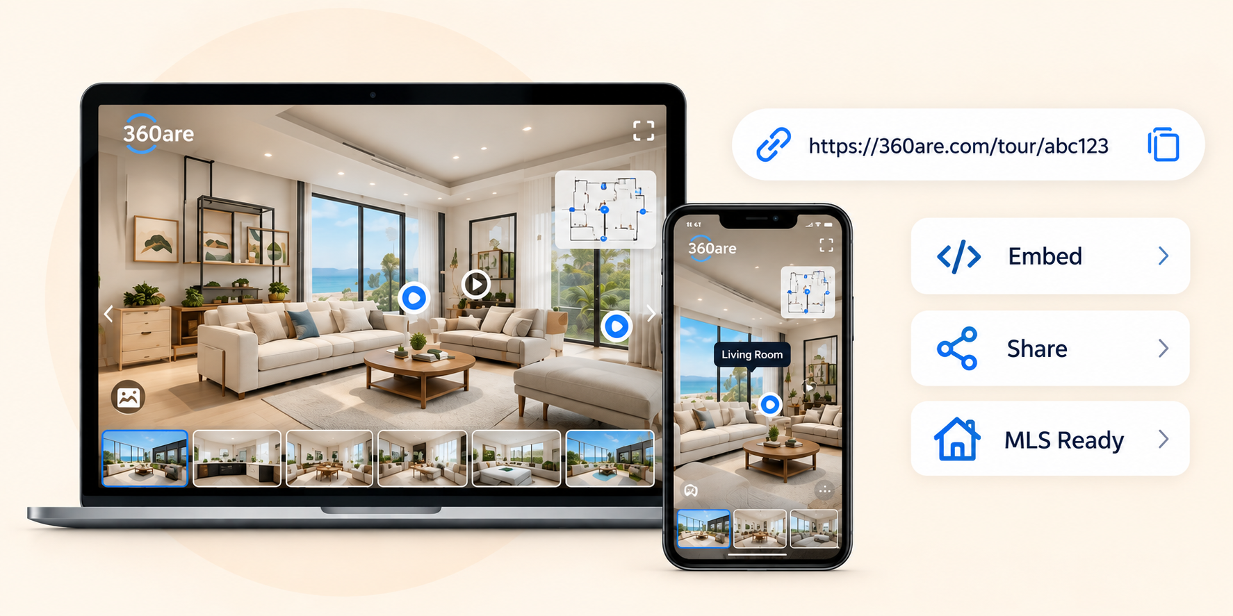 Share 360 virtual tours by link, website embed and MLS