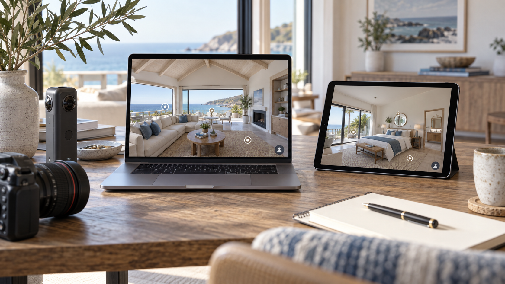 Laptop and tablet displaying panoramic interiors beside a 360 camera