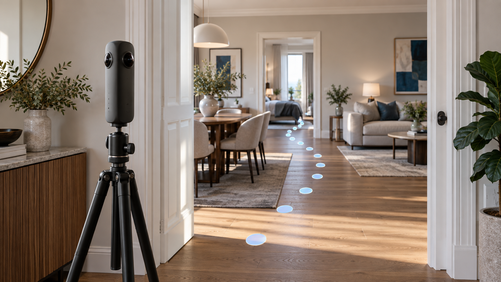 A generic 360 camera in a sunlit apartment with connected rooms